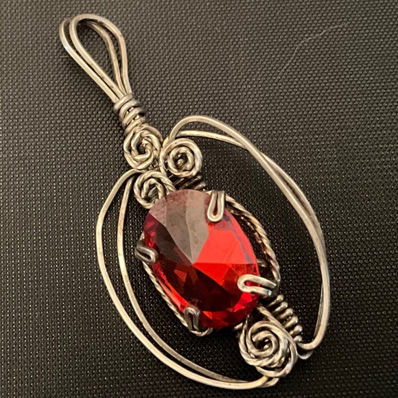 Red Faceted Faux Gem Handmade Pendant Wire Wrapped in Silver Tone Metal - Picture 1 of 1